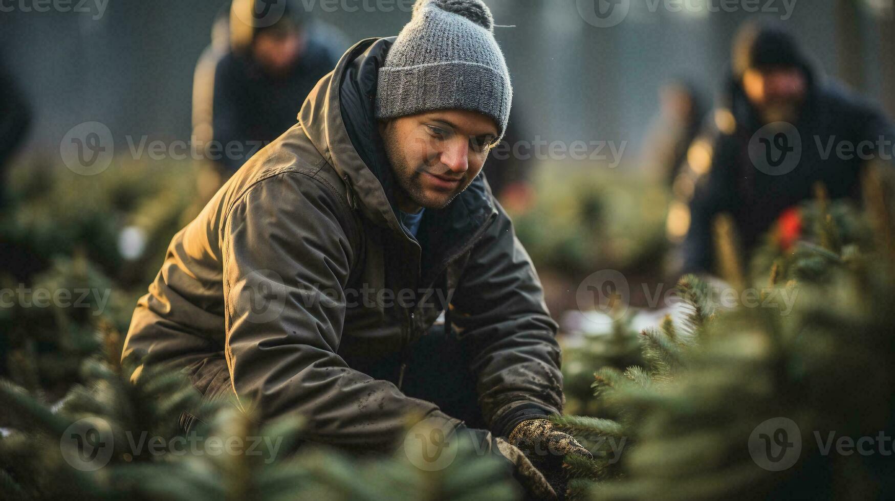 jong Mens werken Bij de Kerstmis boom boerderij aanplant nieuw bomen gedurende de vakantie seizoen. generatief ai. foto