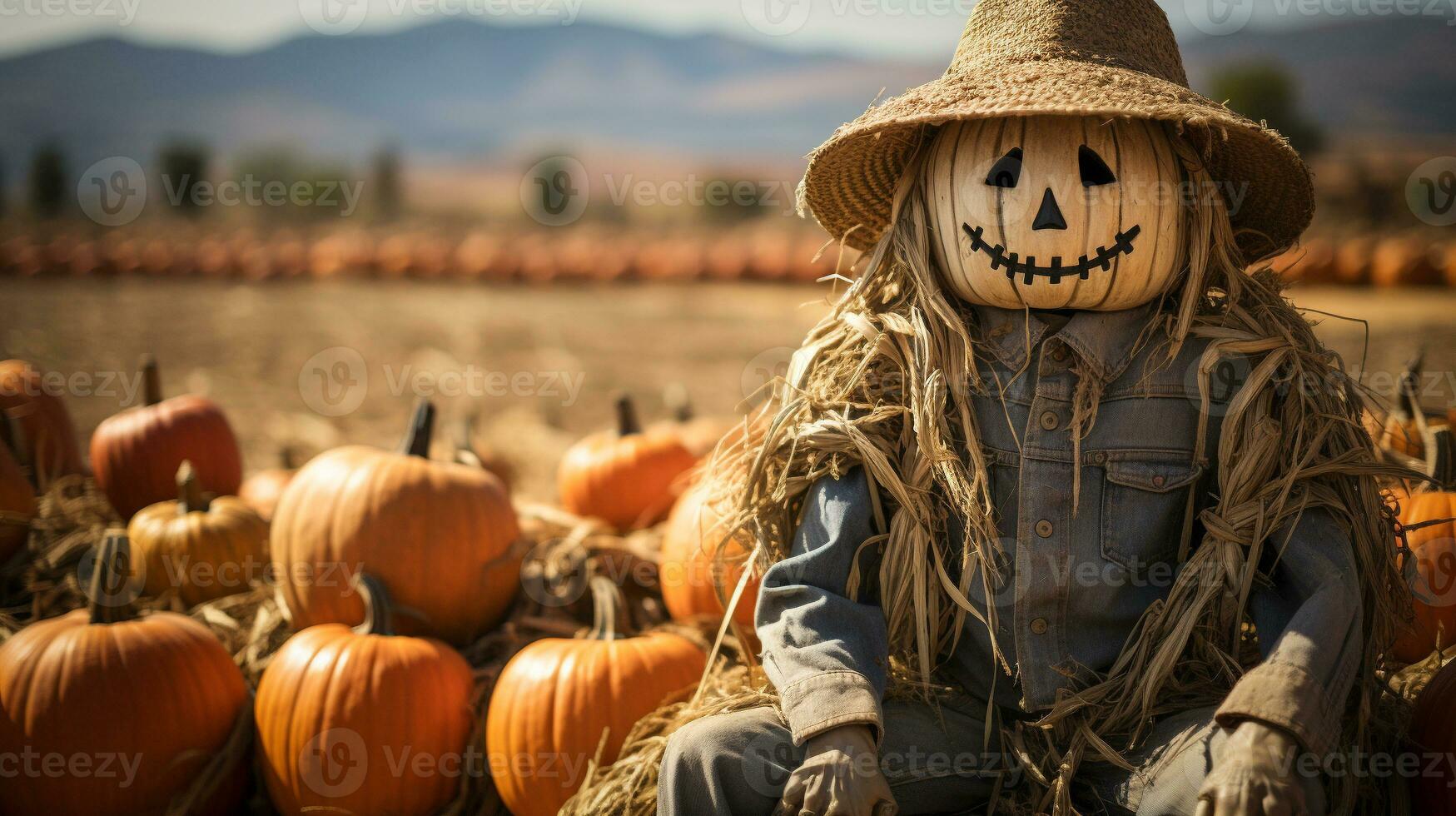 eng spookachtig halloween vogelverschrikker figuur zittend te midden van de land pompoen lap - generatief ai. foto