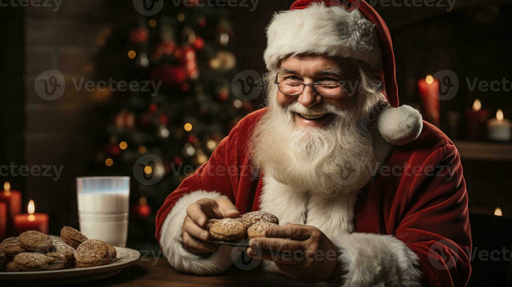 de kerstman claus genieten van zijn koekjes en melk De volgende naar de Kerstmis boom. generatief ai. foto