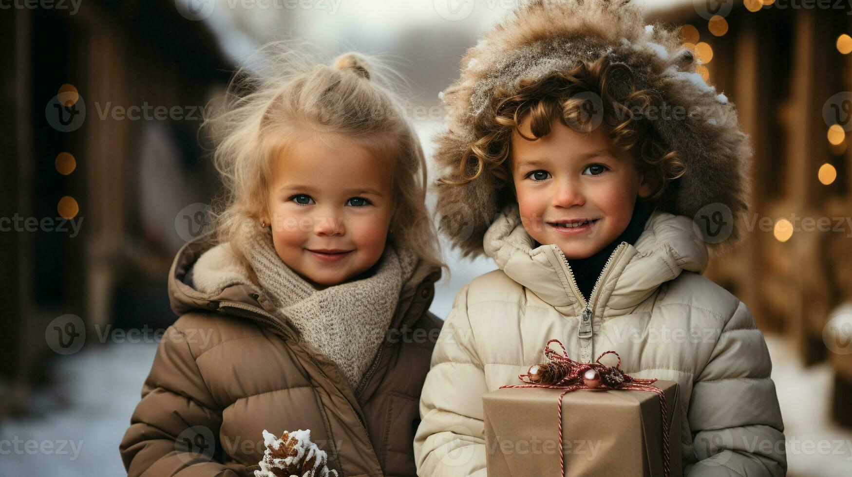 schattig paar van kinderen gekleed hartelijk Holding een verpakt Kerstmis geschenk buitenshuis. foto