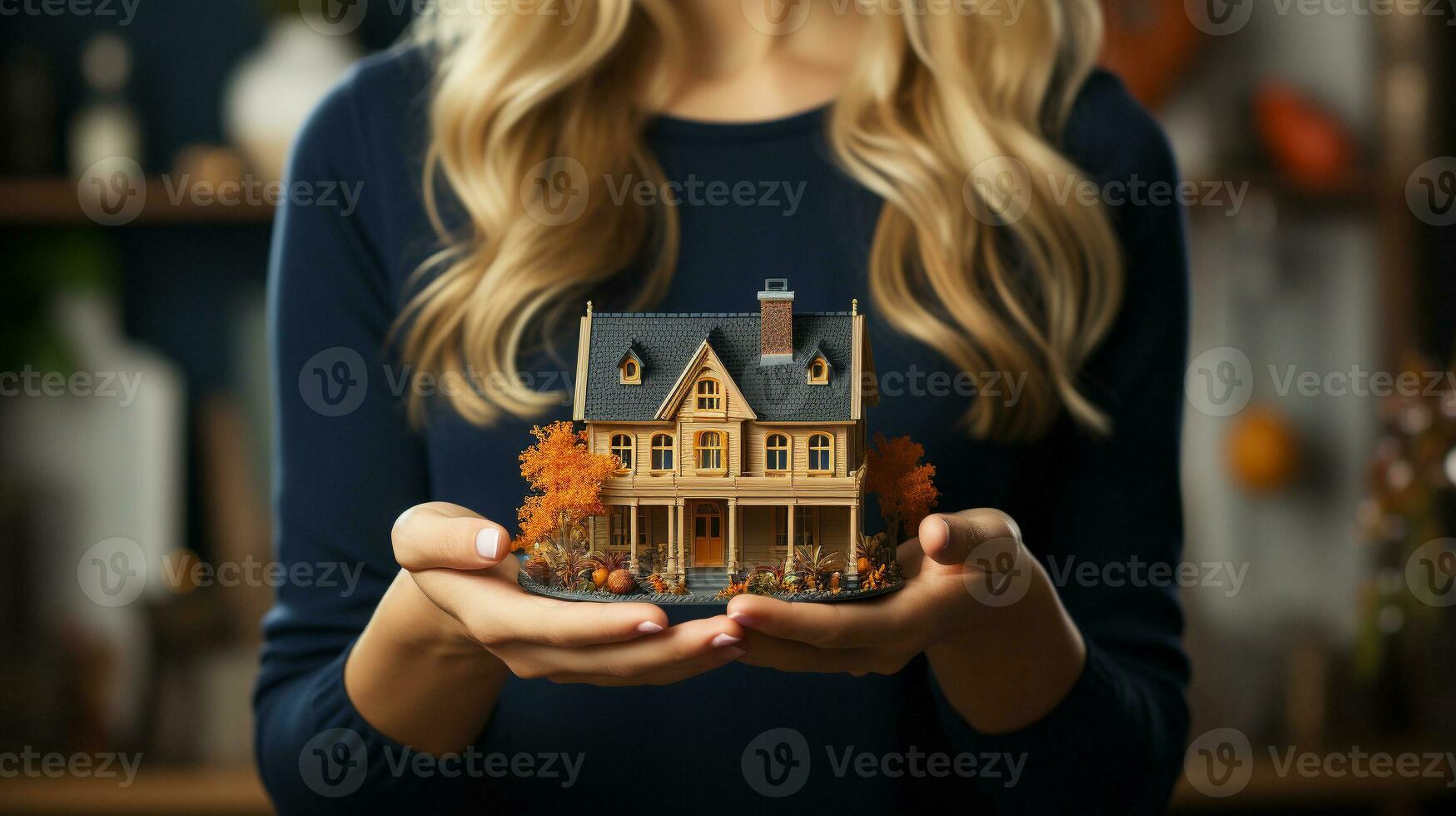 een vrouw echt landgoed middel Holding een miniatuur huis in voorkant van haar - generatief ai. foto