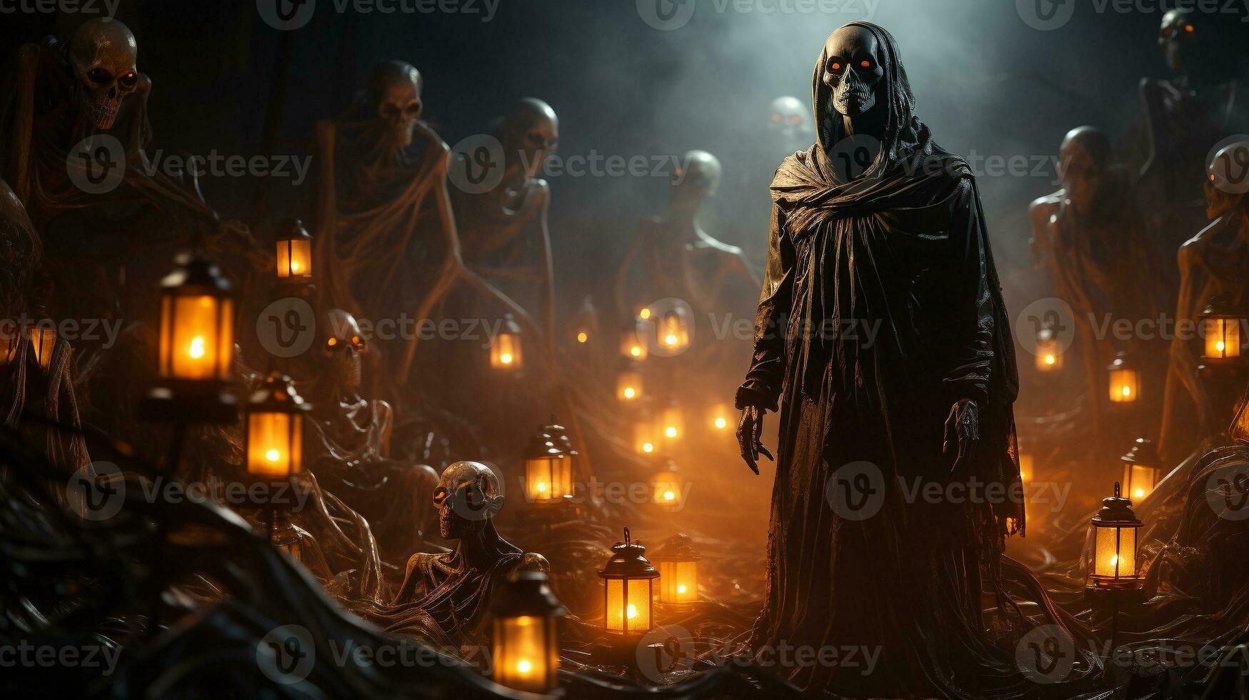 angstaanjagend bijeenkomst van skelet wezens spookachtig de mistig halloween nacht - generatief ai. foto