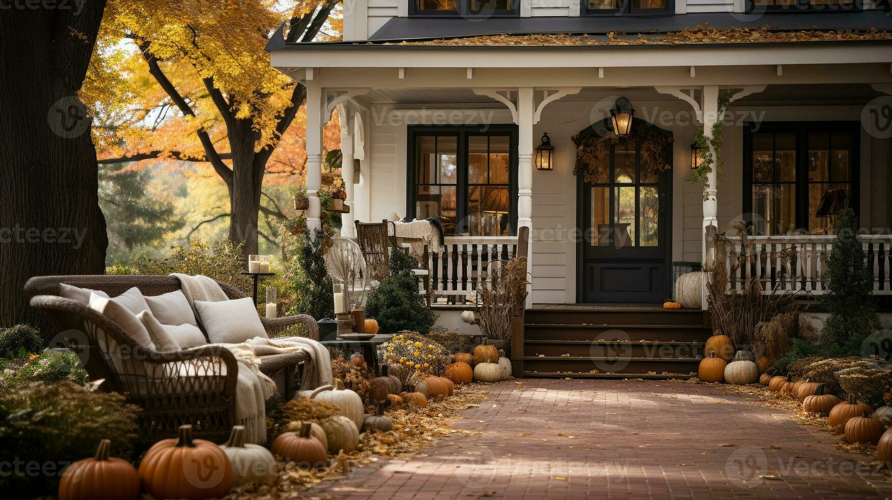 vallen en herfst prachtig versierd huis veranda's met pompoenen, kalebassen en zitplaatsen - generatief ai. foto