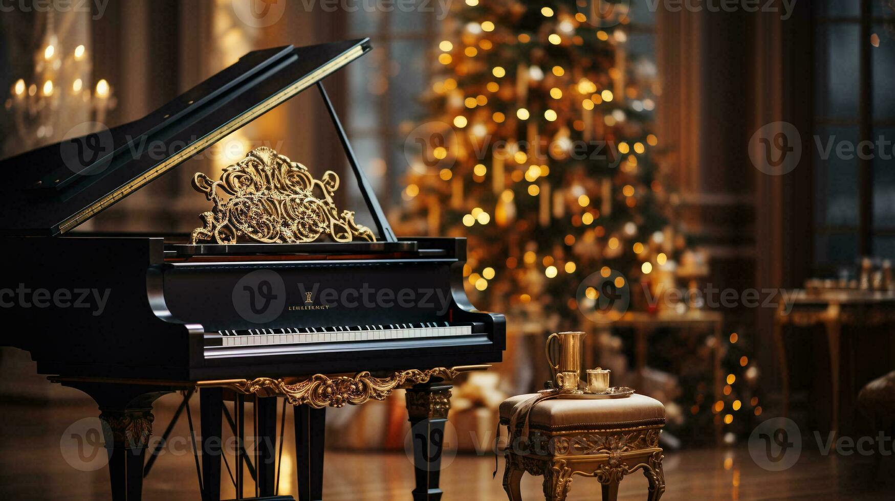 klassiek overladen groots piano in een Kerstmis versierd muziek- kamer. generatief ai. foto