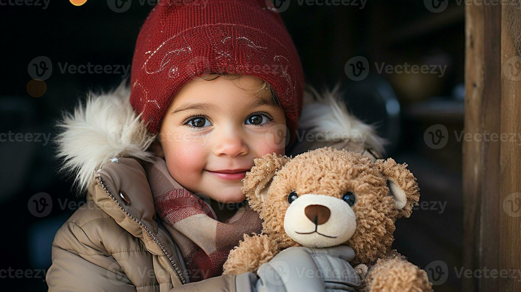 schattig jong kleuter meisje gekleed voor een besneeuwd Kerstmis Holding haar teddy beer. generatief ai. foto