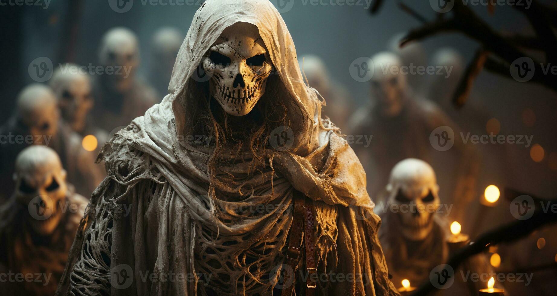 angstaanjagend bijeenkomst van skelet wezens spookachtig de mistig halloween nacht - generatief ai. foto