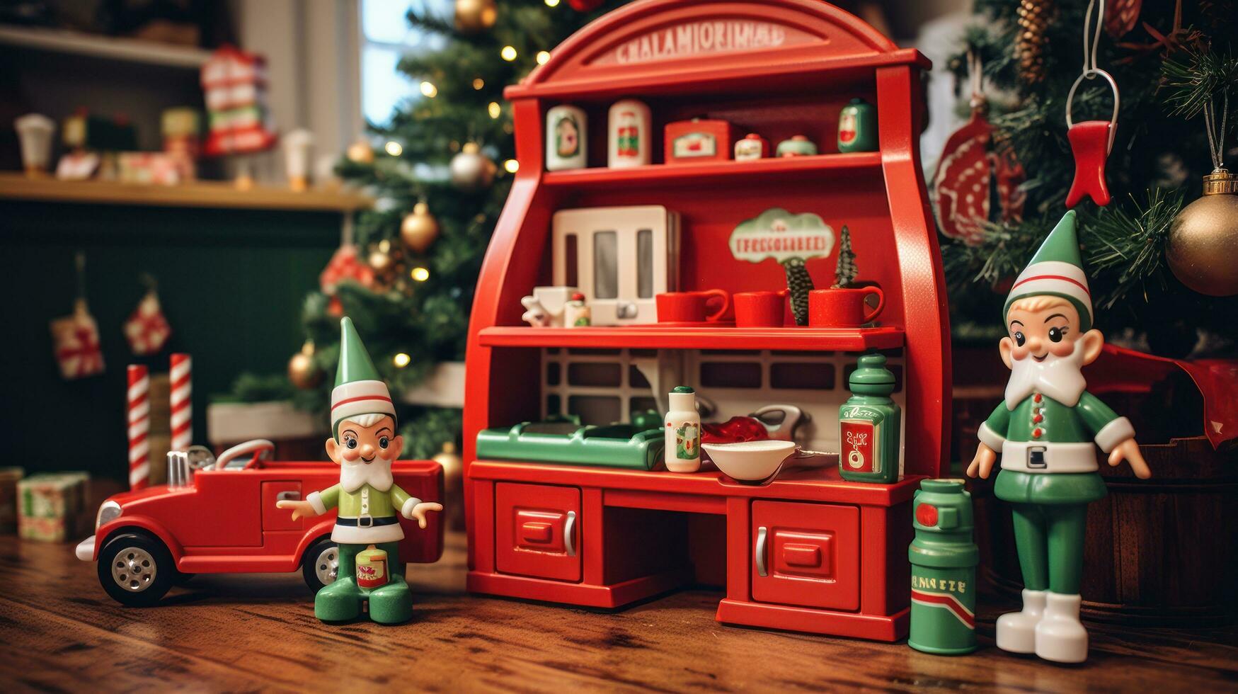 santa's werkplaats. rood en groen speelgoed, presenteert, en elfjes. foto