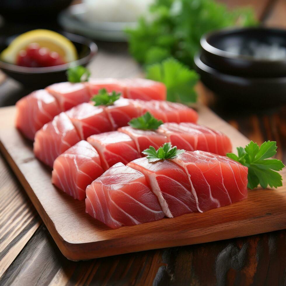 tonijn. roodachtig roze vlees, ideaal voor sushi en grillen foto