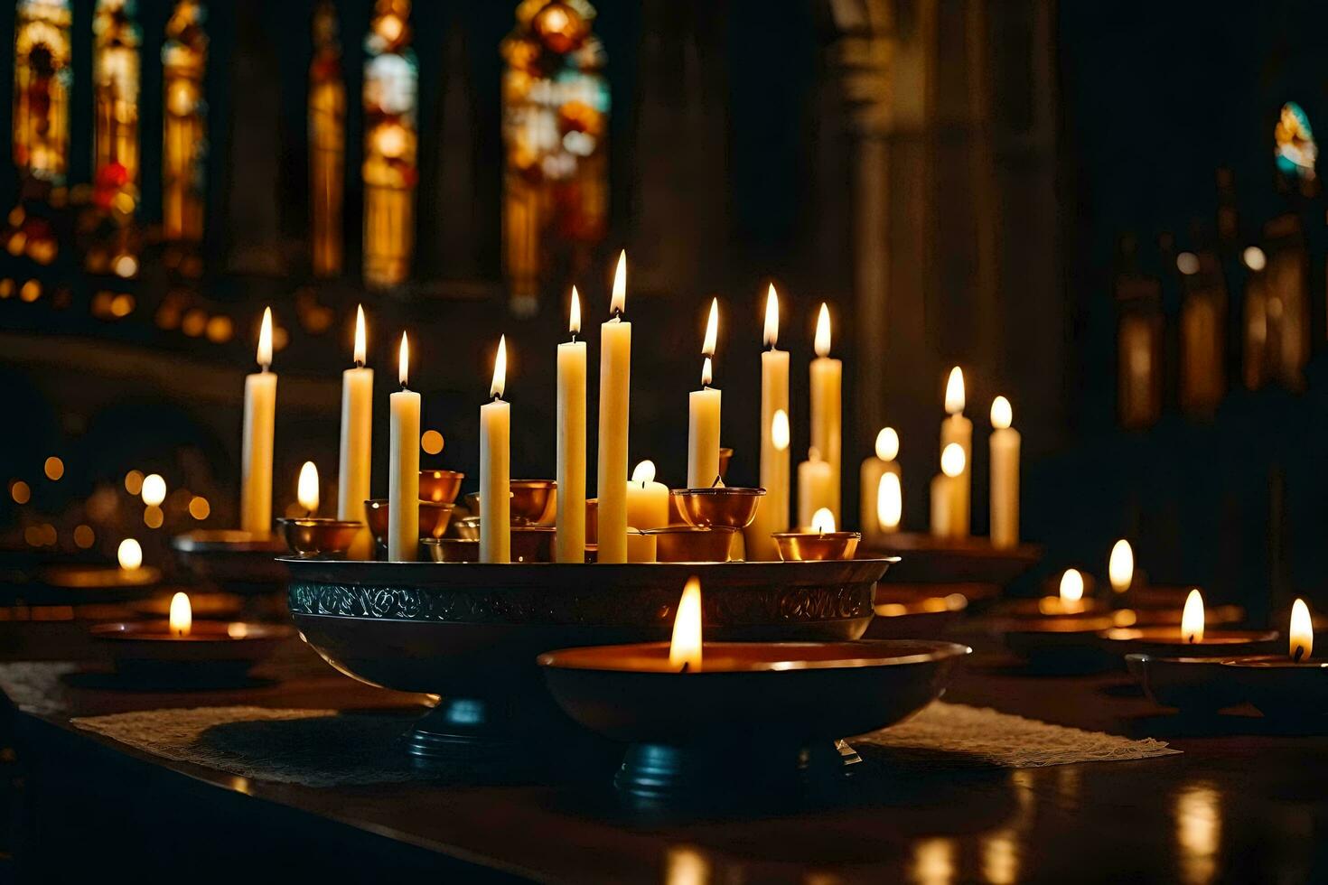 kaarsen zijn lit in een kerk met kaarsen. ai-gegenereerd foto