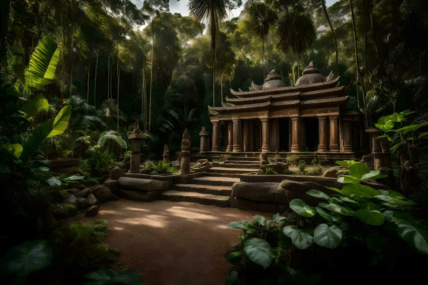 een tempel in de oerwoud met bomen en planten. ai-gegenereerd foto