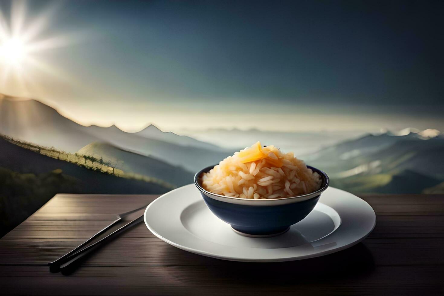 een kom van rijst- en eetstokjes Aan een tafel in voorkant van bergen. ai-gegenereerd foto