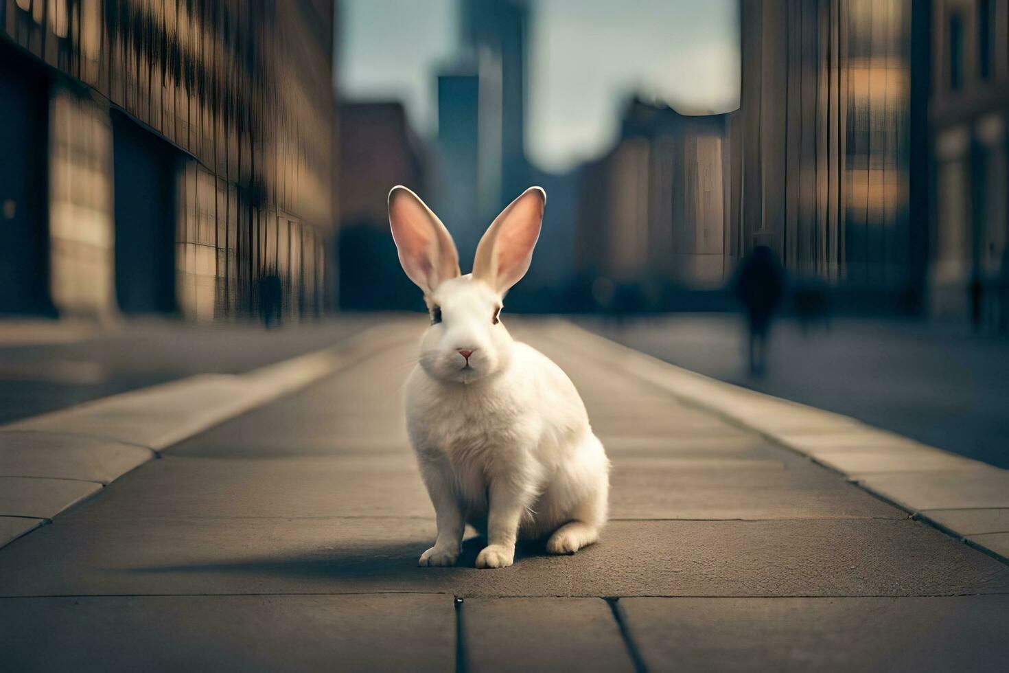 een wit konijn zittend Aan de straat in voorkant van hoog gebouwen. ai-gegenereerd foto