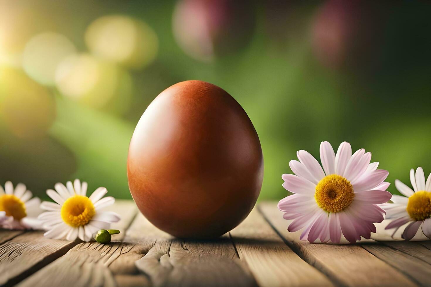 Pasen ei Aan houten tafel met madeliefjes. ai-gegenereerd foto