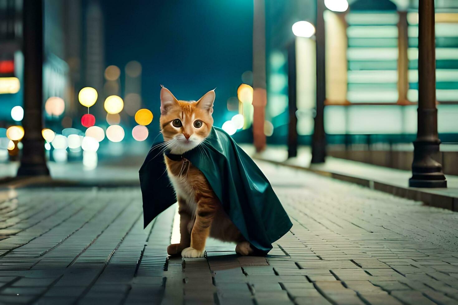 een kat vervelend een kaap Aan een stad straat Bij nacht. ai-gegenereerd foto