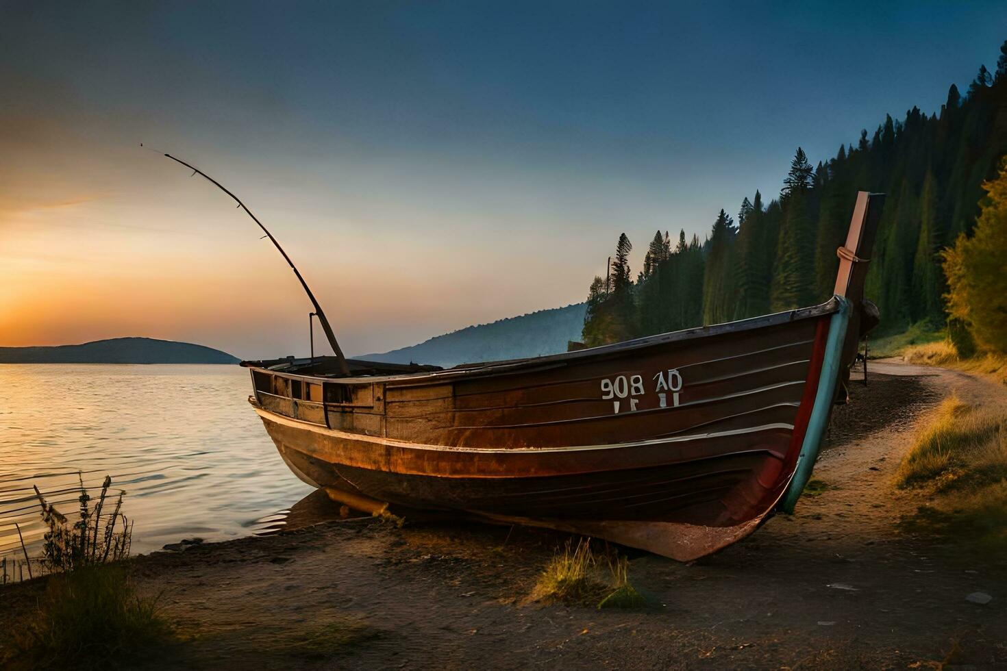 een boot zit Aan de kust van een meer Bij zonsondergang. ai-gegenereerd foto