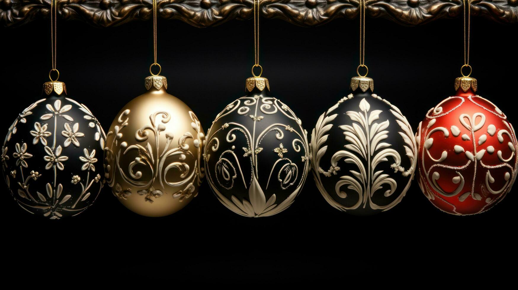 elegant ornamenten. goud, zilver, en rood ornamenten Aan een zwart achtergrond foto