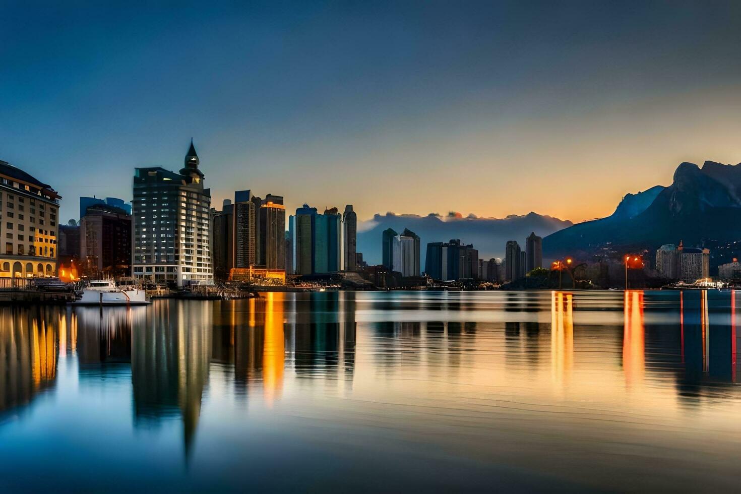 een stad horizon Bij zonsondergang met bergen in de achtergrond. ai-gegenereerd foto