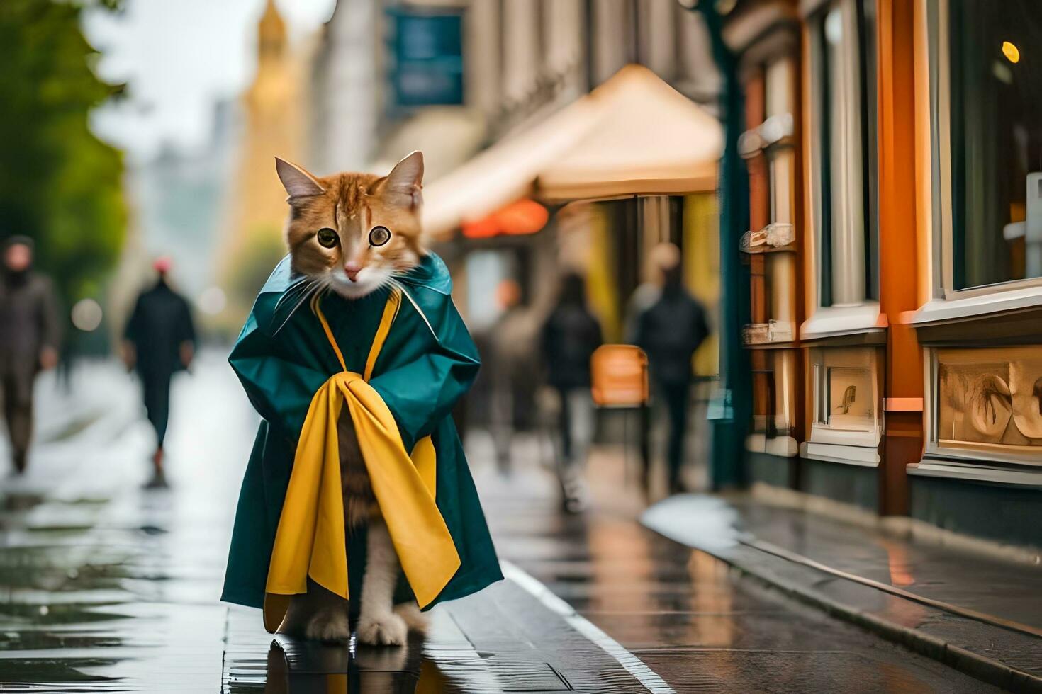 een kat gekleed in een groen en geel jas wandelen naar beneden een straat. ai-gegenereerd foto