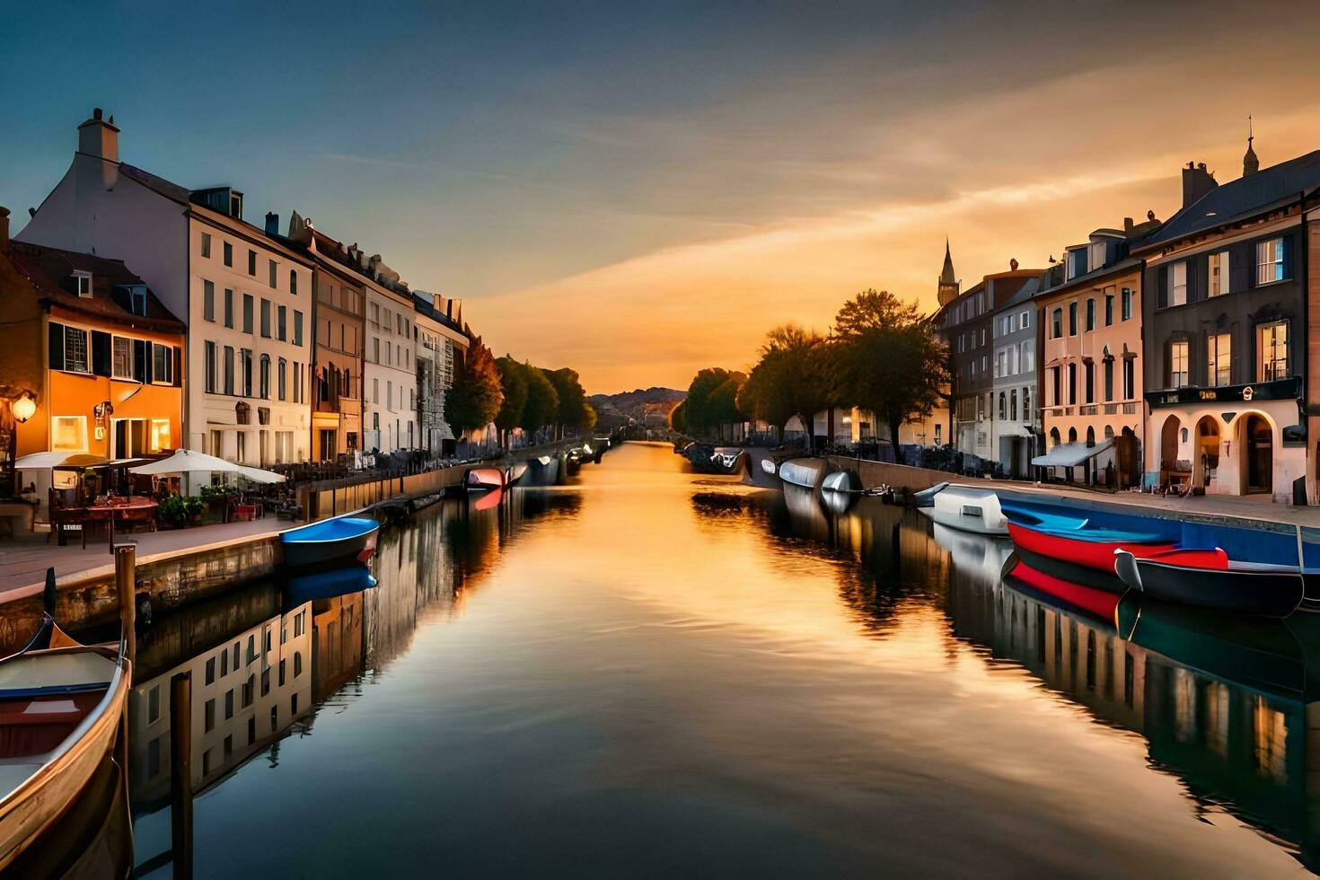 de zon is instelling over- een kanaal in Kopenhagen, Denemarken. ai-gegenereerd foto