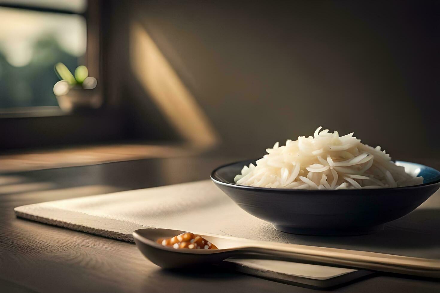 rijst- in een kom Aan een tafel met eetstokjes. ai-gegenereerd foto