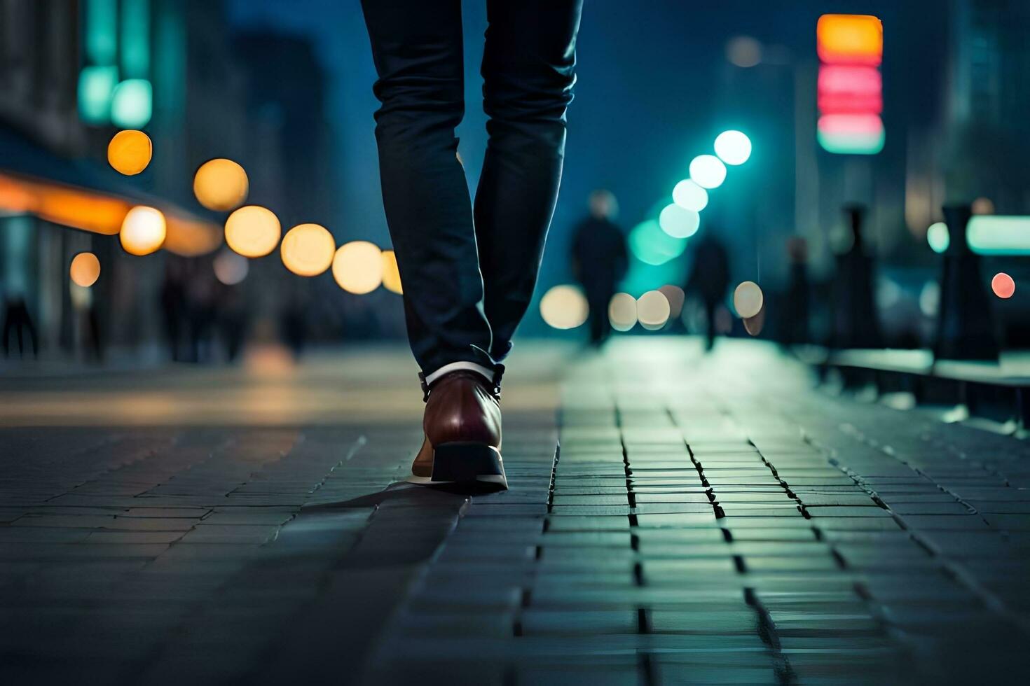 een persoon wandelen naar beneden een stad straat Bij nacht. ai-gegenereerd foto