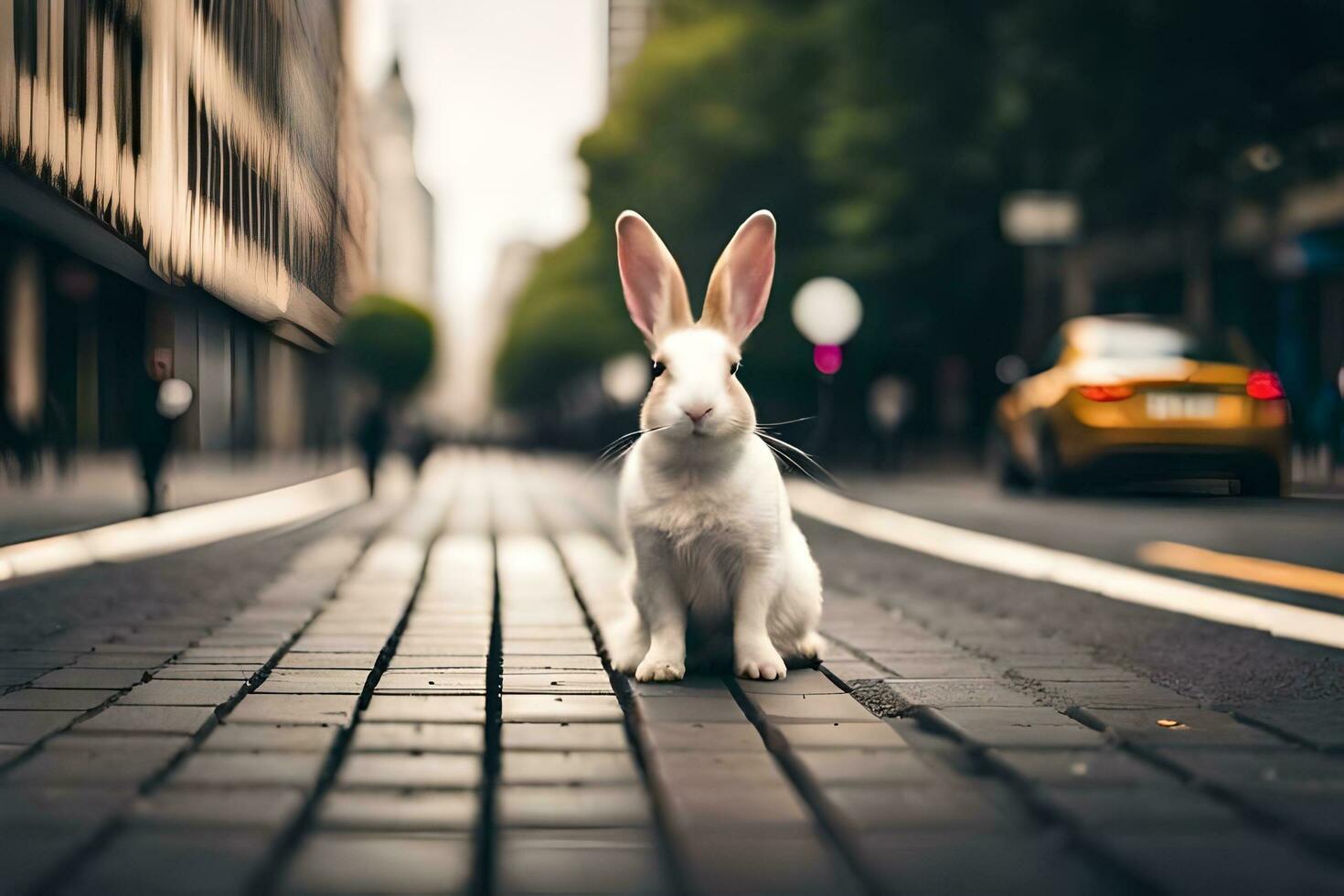 een wit konijn zittend Aan de straat in een stad. ai-gegenereerd foto