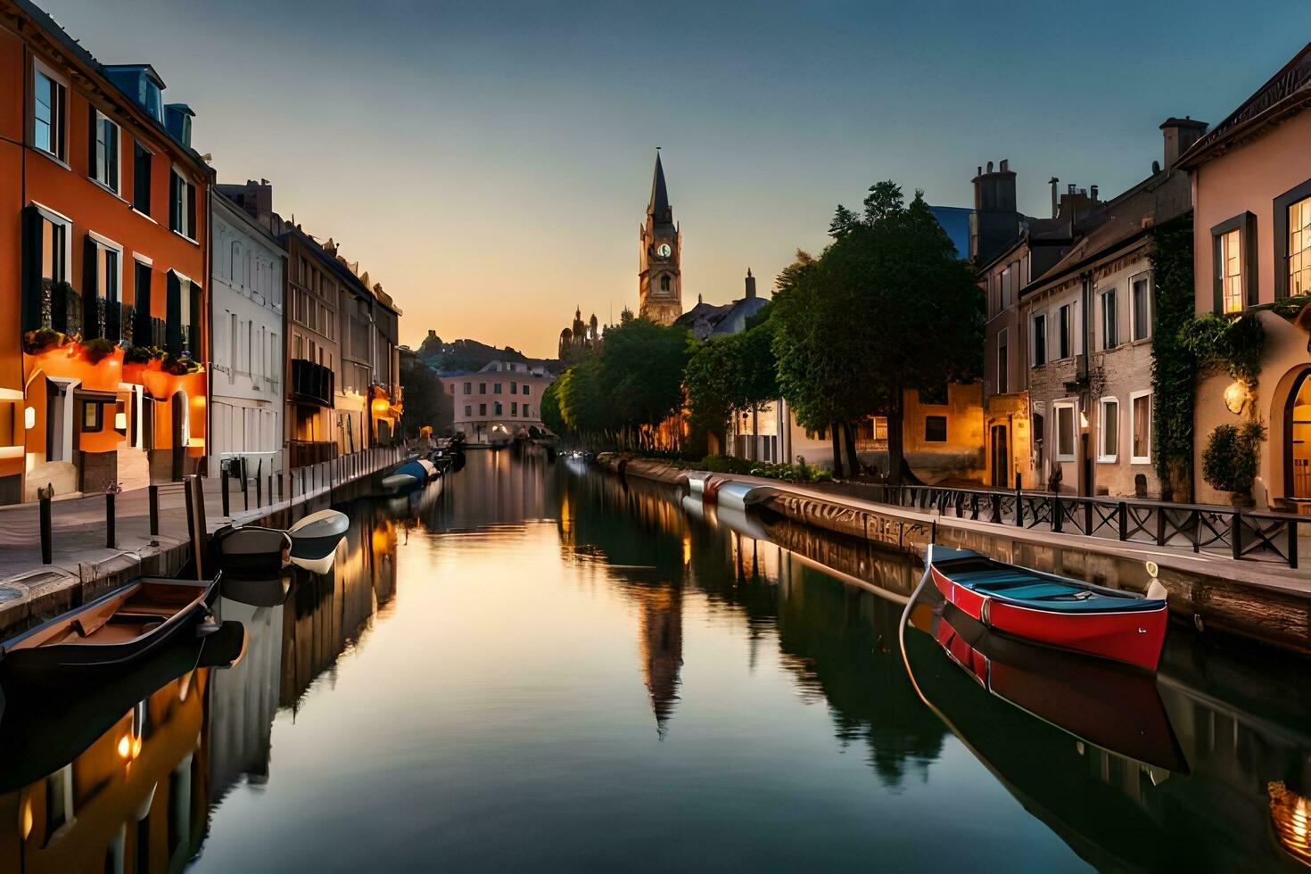 een kanaal in de midden- van een stad Bij zonsondergang. ai-gegenereerd foto