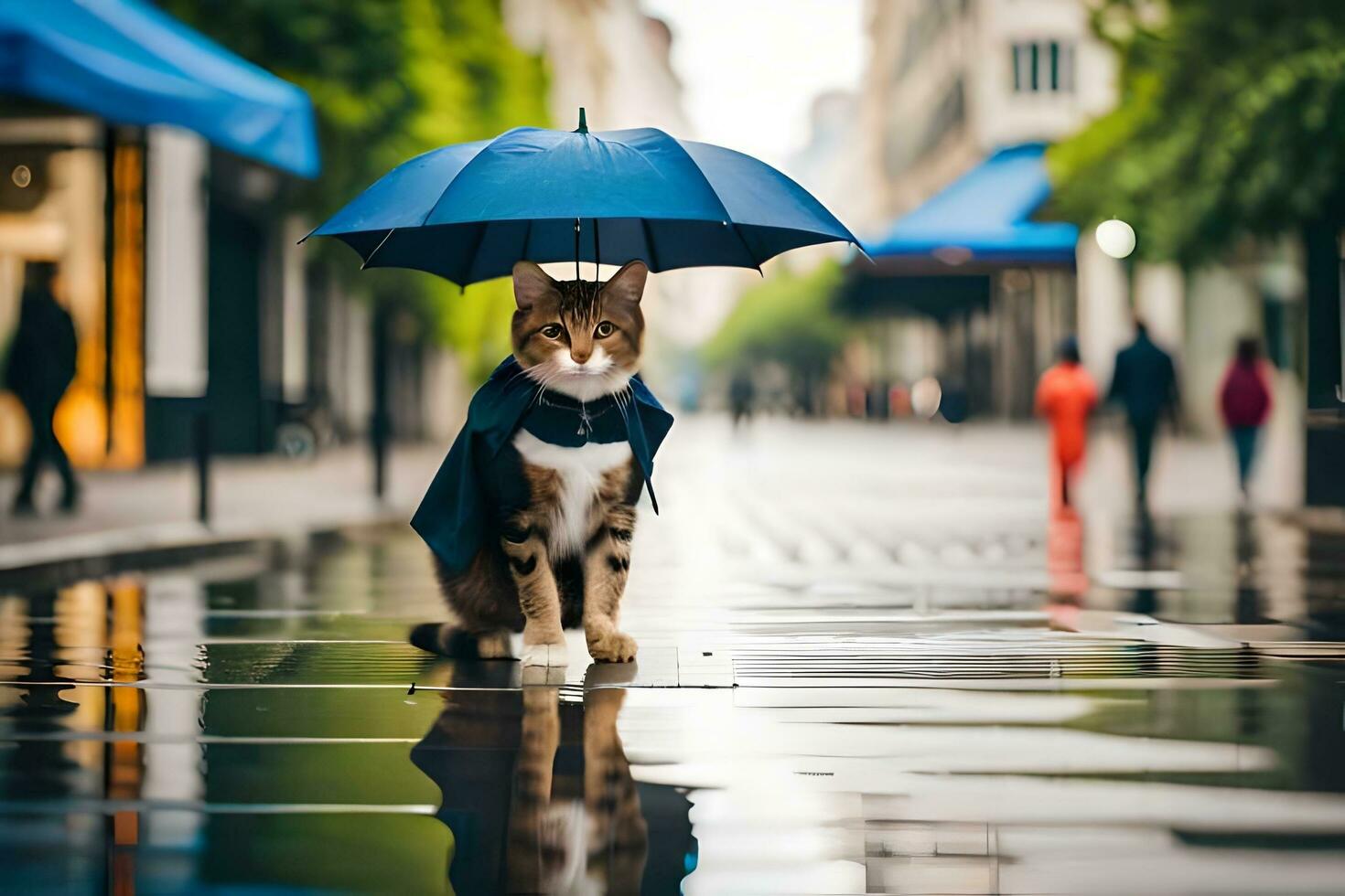 een kat in een regenjas staand Aan een nat straat. ai-gegenereerd foto