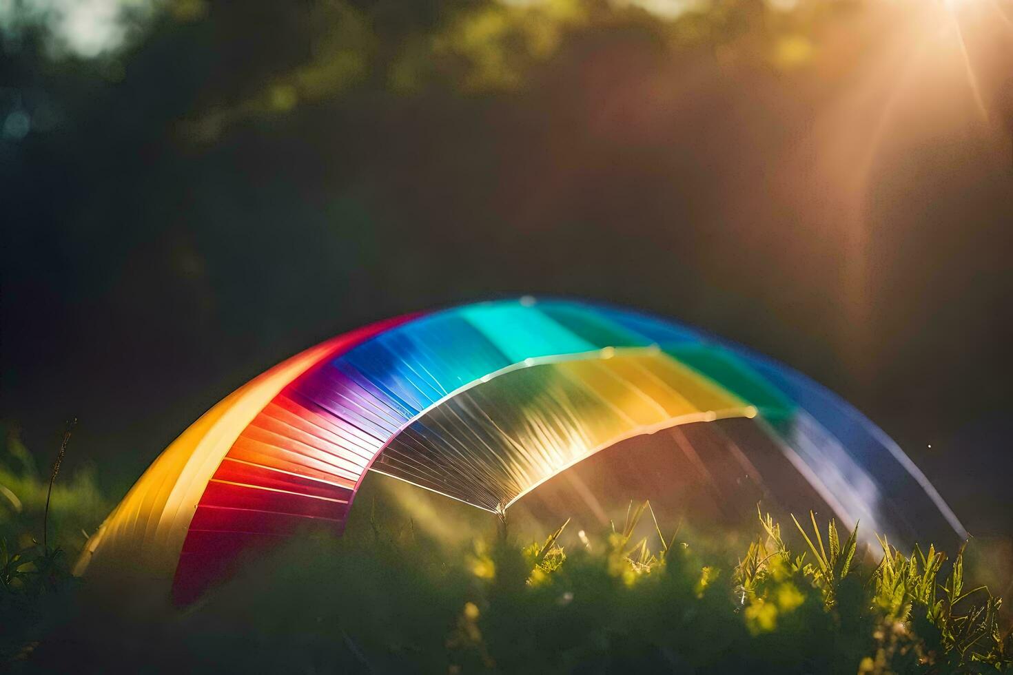 een regenboog gekleurde vlieger in de gras. ai-gegenereerd foto