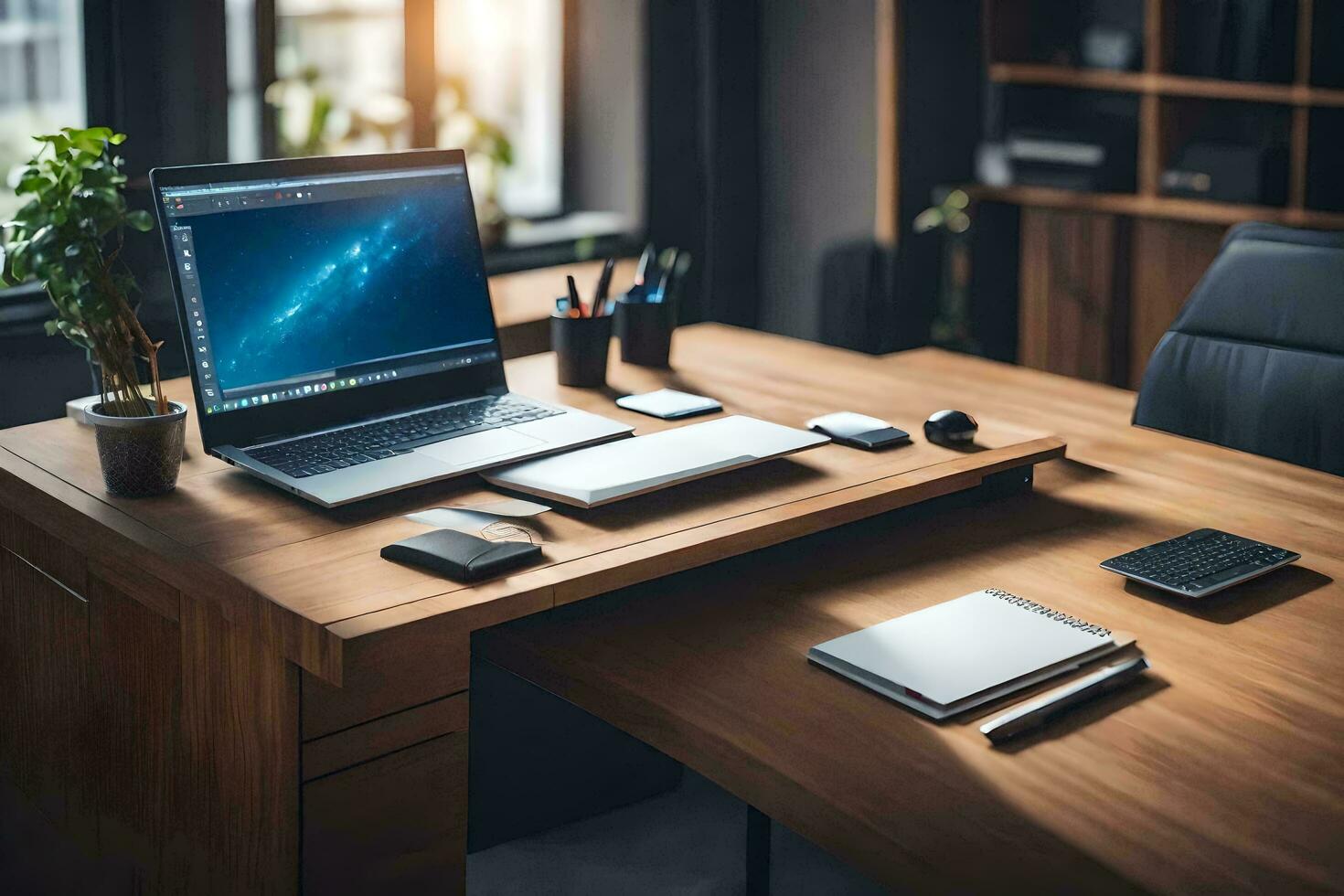 een laptop Aan een houten bureau met een telefoon en andere artikelen. ai-gegenereerd foto