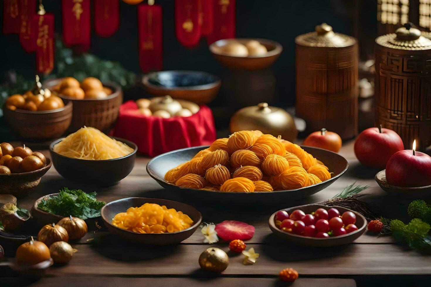 Chinese nieuw jaar voedsel Aan een tafel. ai-gegenereerd foto