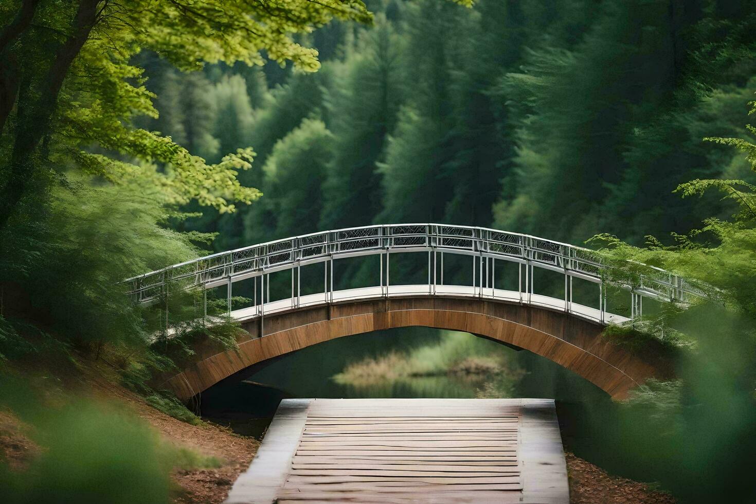 een brug in de midden- van een Woud. ai-gegenereerd foto