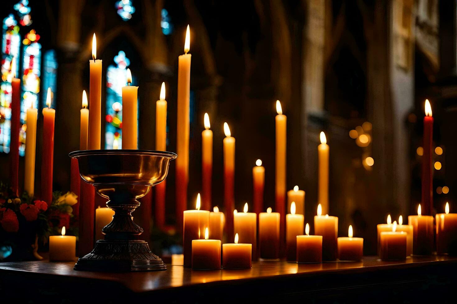 kaarsen zijn lit in een kerk met kaarsen. ai-gegenereerd foto