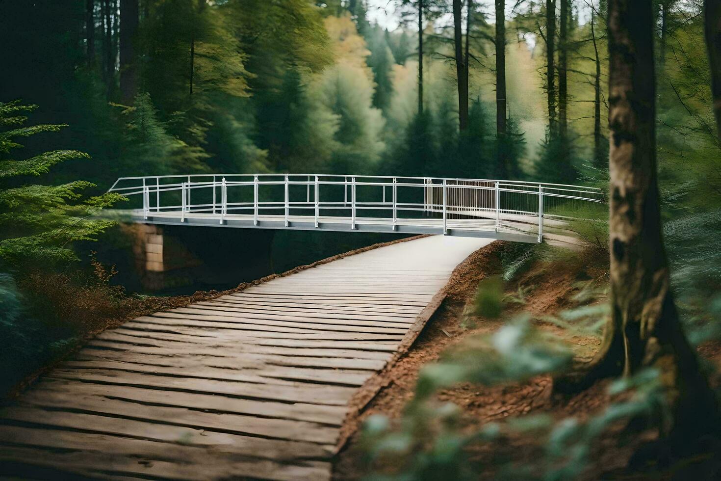 een brug in de bossen met bomen en een pad. ai-gegenereerd foto