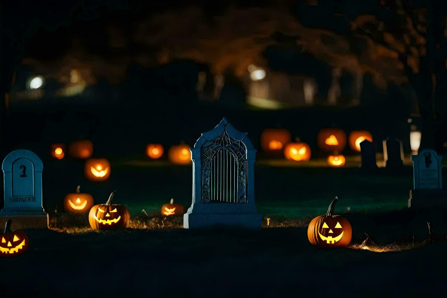 halloween pompoenen in een begraafplaats Bij nacht. ai-gegenereerd foto