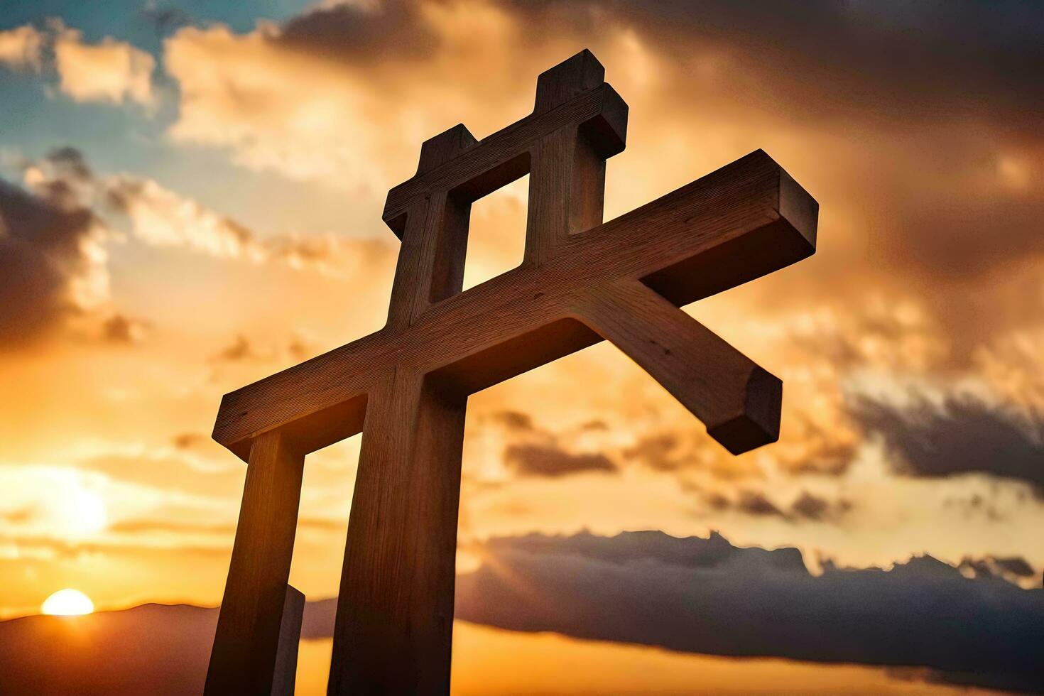 een houten kruis is aftekenen tegen de zonsondergang. ai-gegenereerd foto