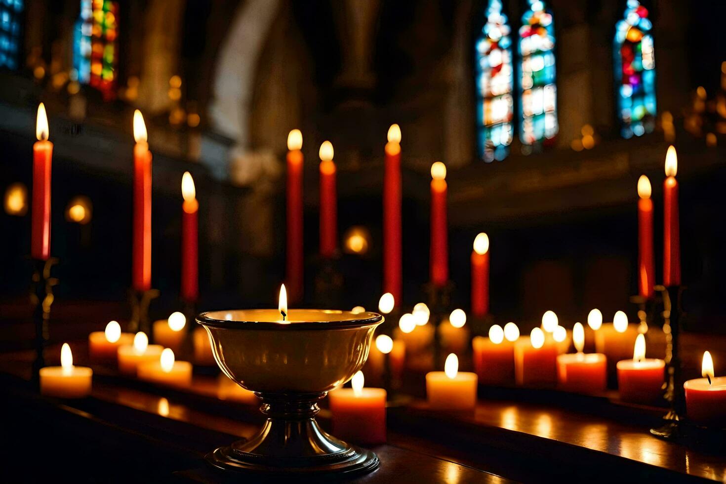 kaarsen zijn lit in voorkant van een kerk. ai-gegenereerd foto