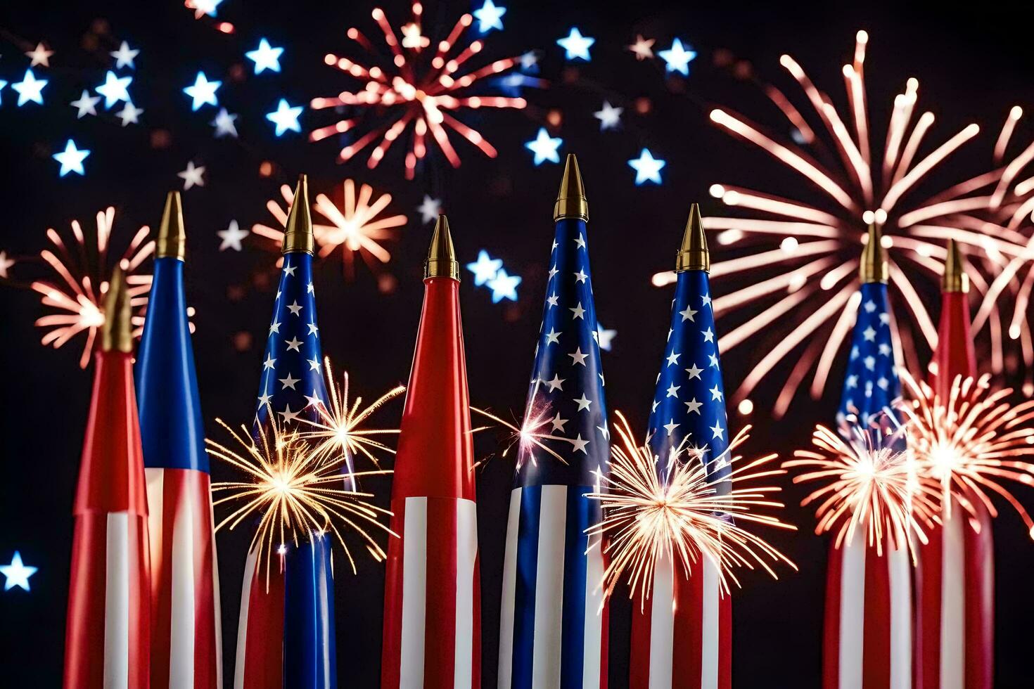 veel Amerikaans vlaggen zijn lit omhoog met vuurwerk. ai-gegenereerd foto