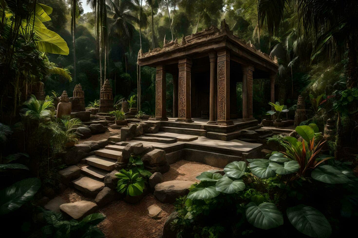 een tempel in de oerwoud met planten en bomen. ai-gegenereerd foto
