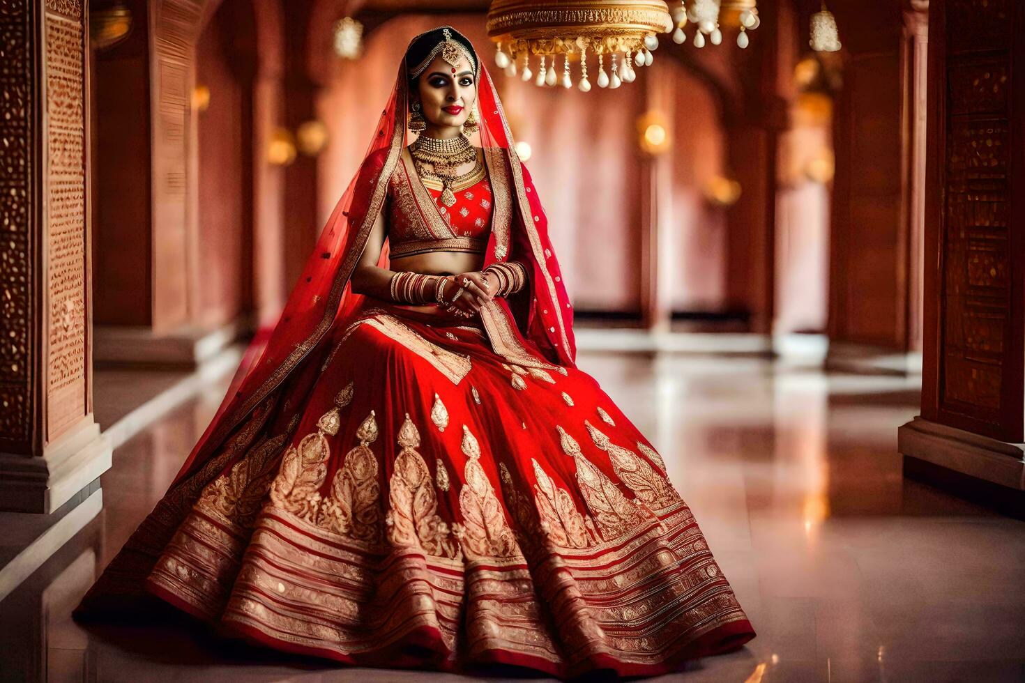een mooi Indisch bruid in rood en goud. ai-gegenereerd foto