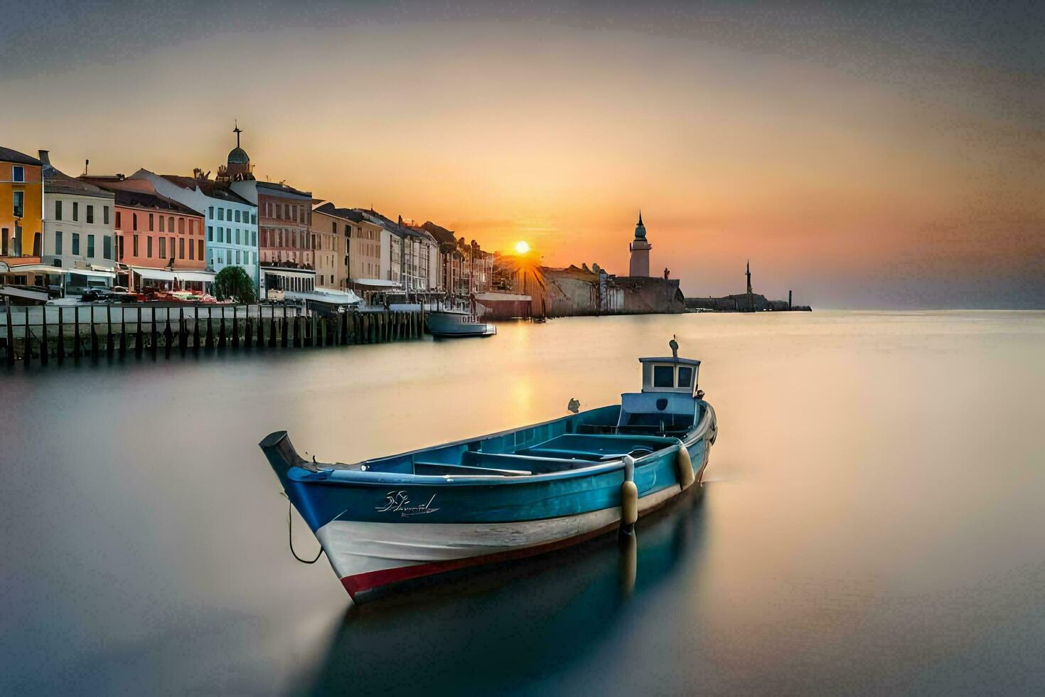 een boot zit Aan de water Bij zonsondergang. ai-gegenereerd foto