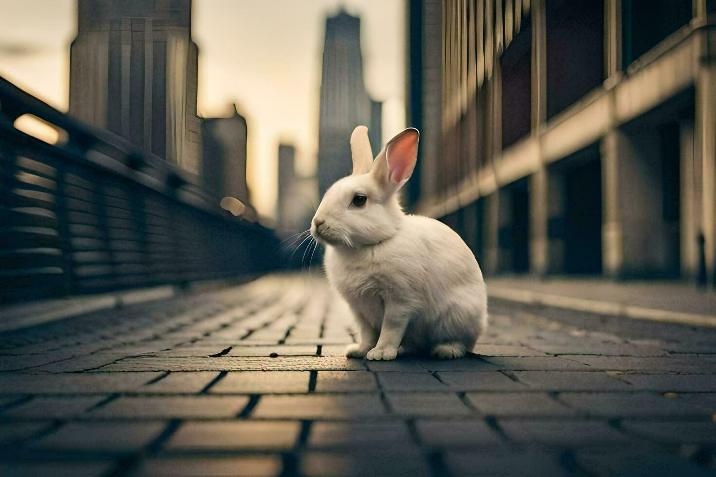 een wit konijn zittend Aan de trottoir in voorkant van een stad. ai-gegenereerd foto