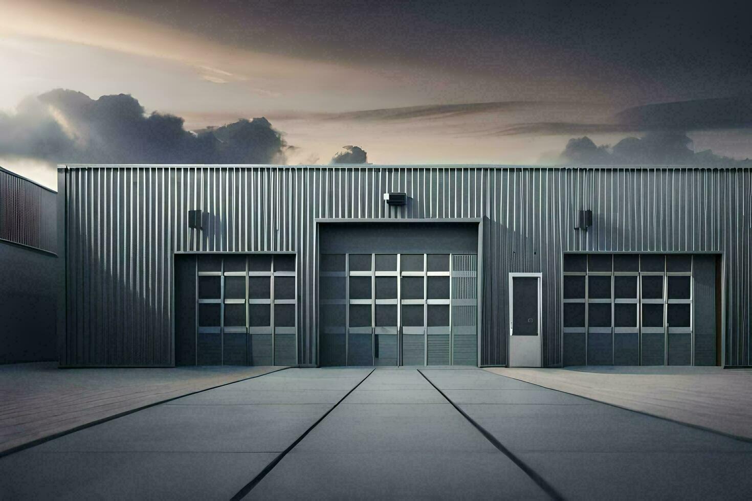 een groot industrieel gebouw met twee garage deuren. ai-gegenereerd foto