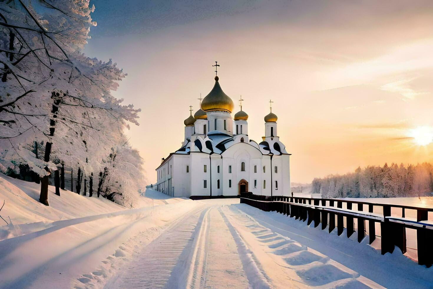 een kerk in de sneeuw met gouden koepels. ai-gegenereerd foto