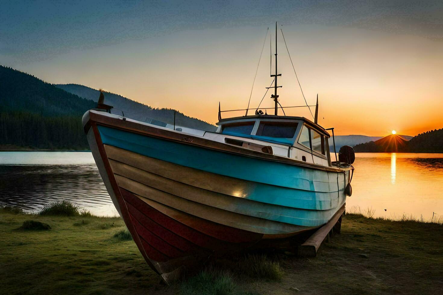 een boot zit Aan de kust Bij zonsondergang. ai-gegenereerd foto