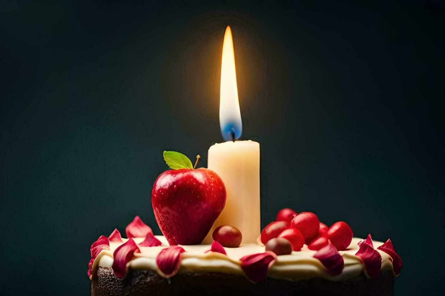een verjaardag taart met een kaars en een appel. ai-gegenereerd foto