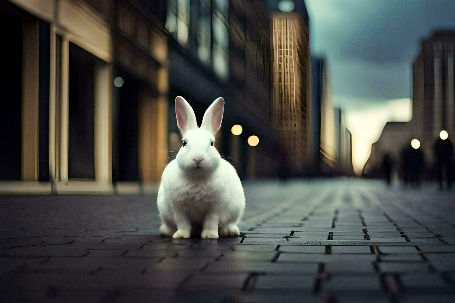 een wit konijn is zittend Aan de grond in een stad. ai-gegenereerd foto