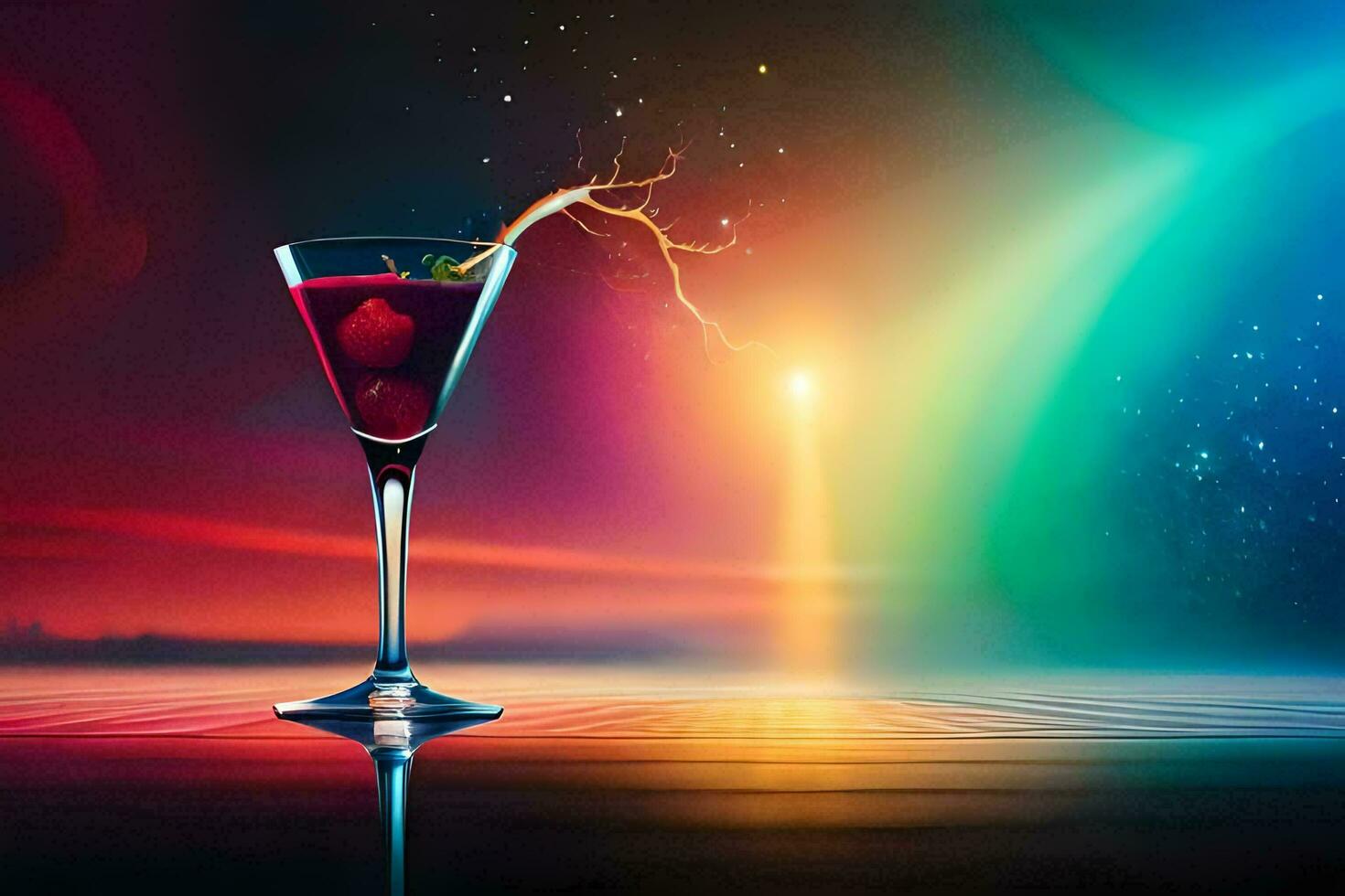 een cocktail in een glas met een regenboog achtergrond. ai-gegenereerd foto