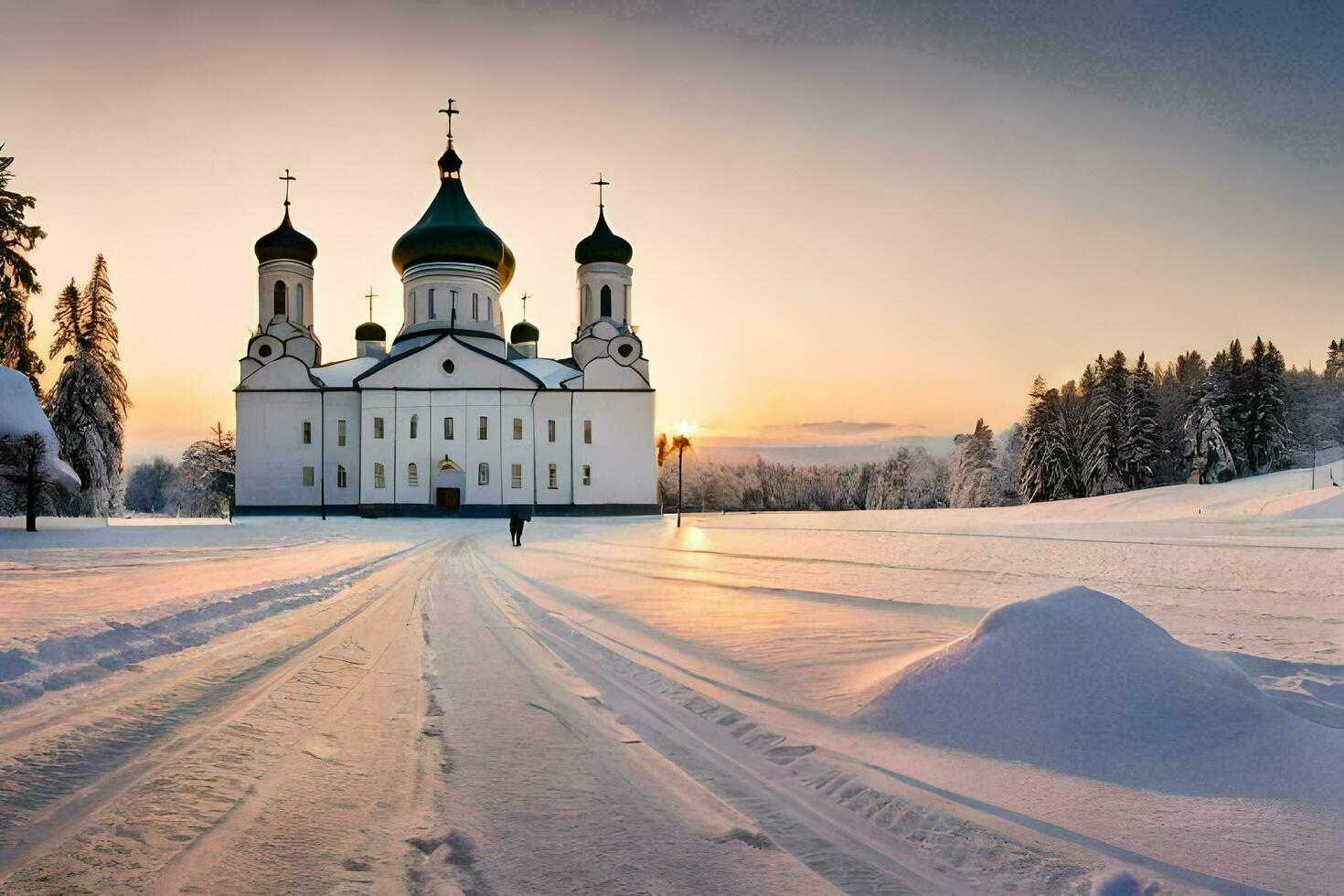 een kerk is omringd door sneeuw in de midden- van een veld. ai-gegenereerd foto