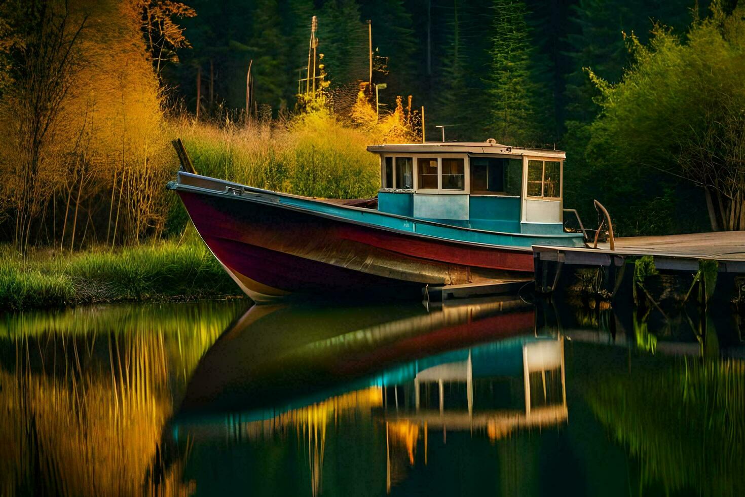 een boot aangemeerd Aan een dok in de midden- van een meer. ai-gegenereerd foto